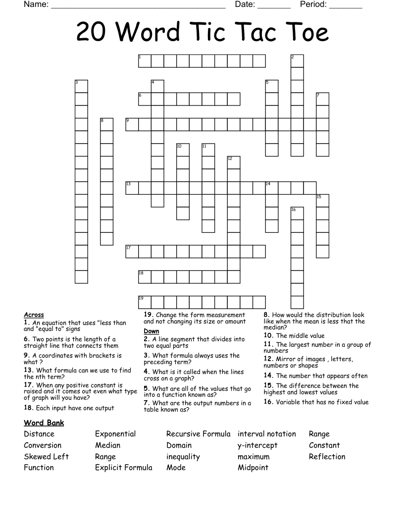 20 Word Tic Tac Toe Crossword