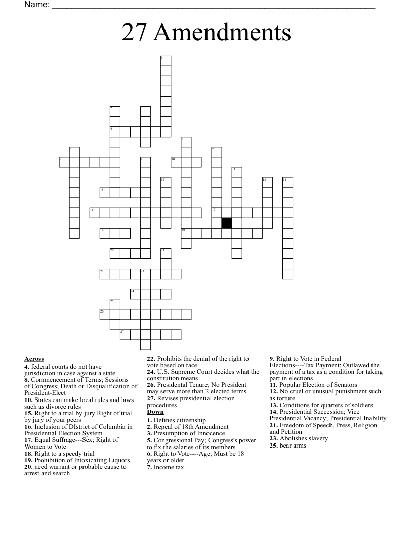 27 Amendments Crossword WordMint