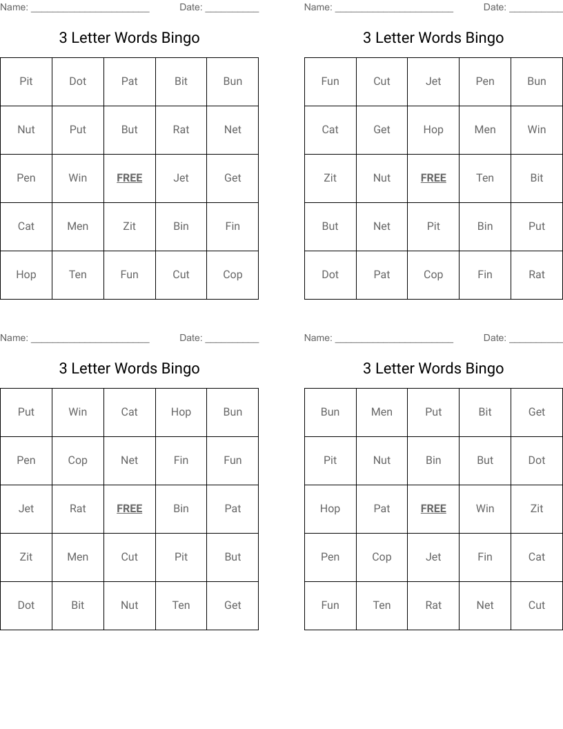 3 Letter Words Bingo WordMint
