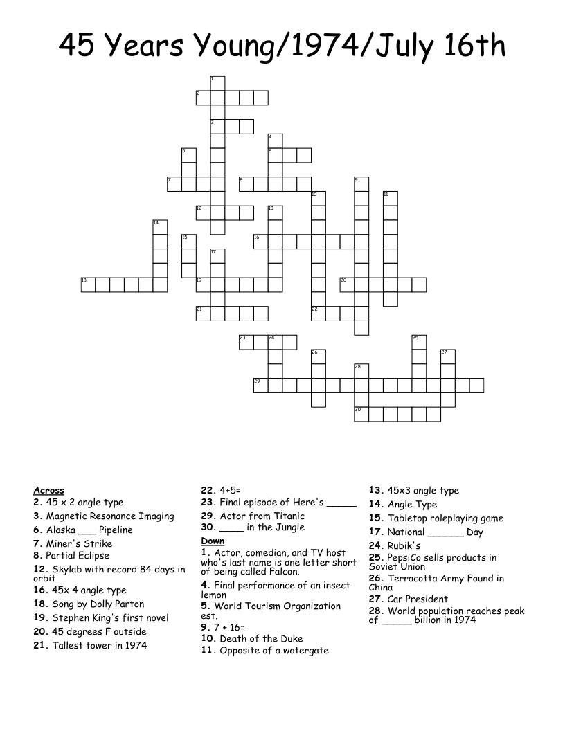 45 Years Young/1974/July 16th Crossword