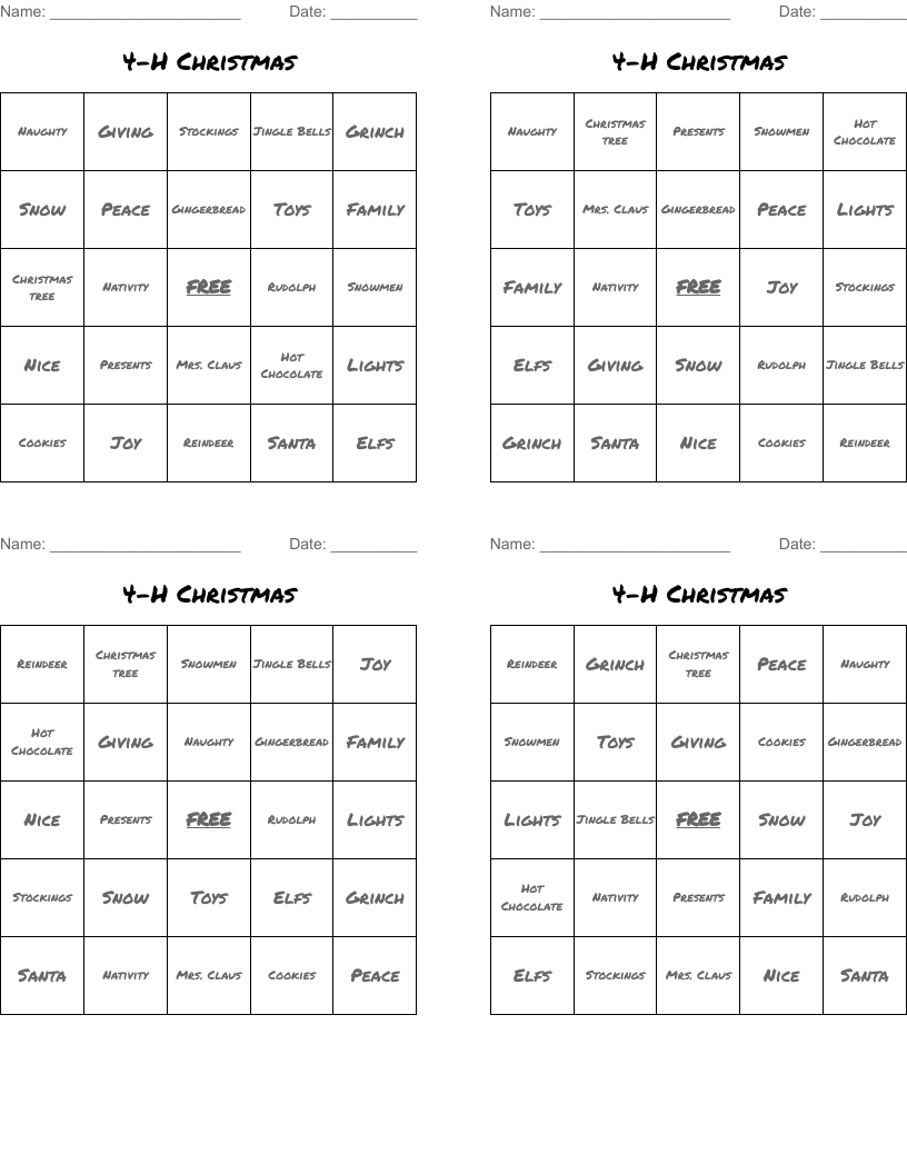 4-H Christmas Bingo Cards
