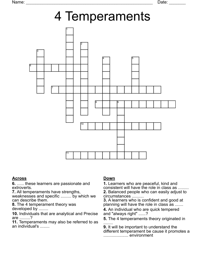 4 Temperaments Crossword