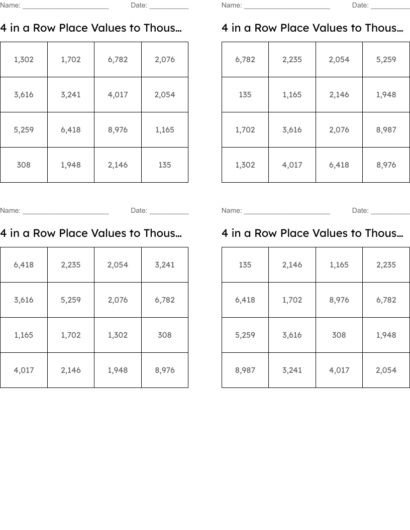 4 in a Row Place Values to Thousands