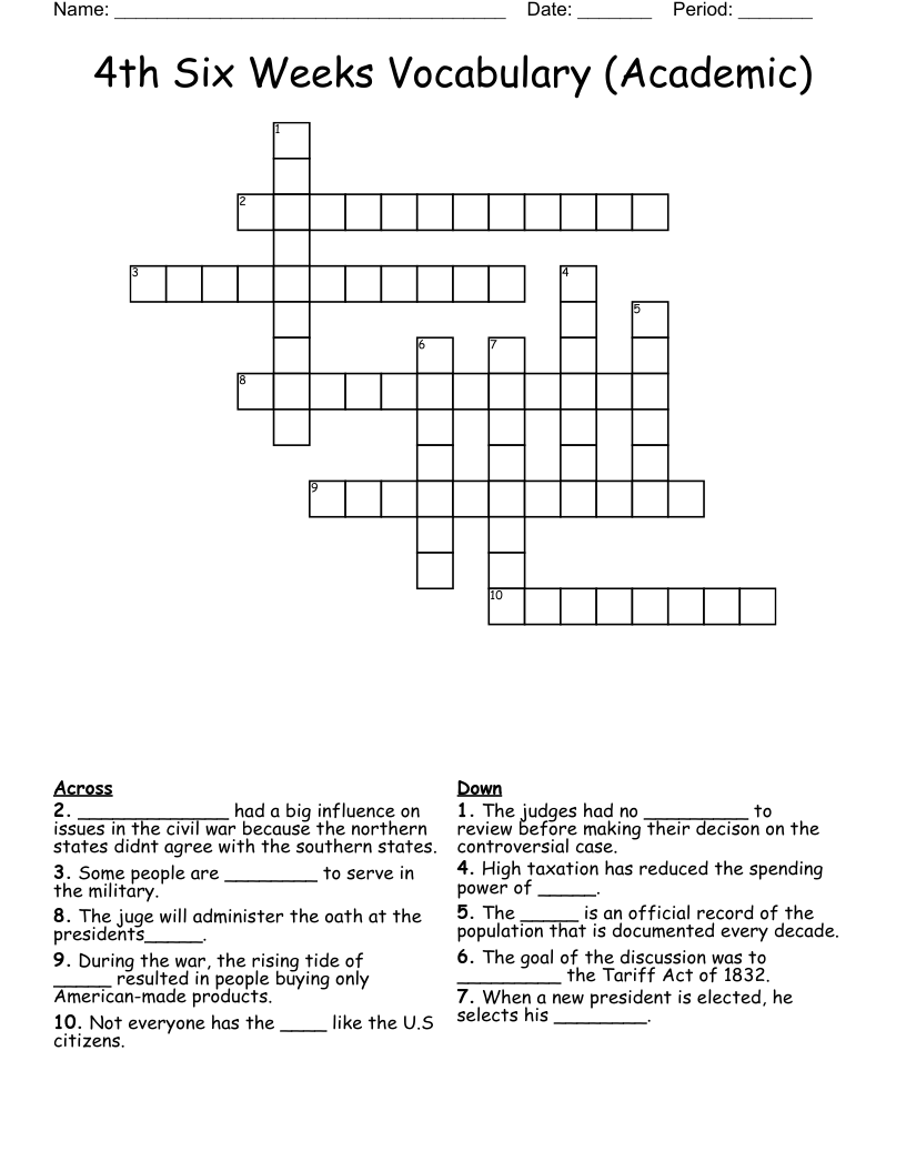 4th Six Weeks Vocabulary (Academic) Crossword WordMint