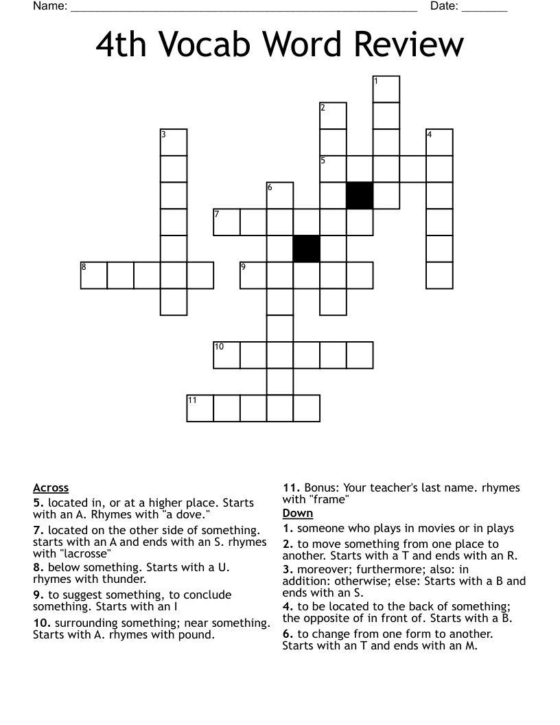 4th Vocab Word Review Crossword