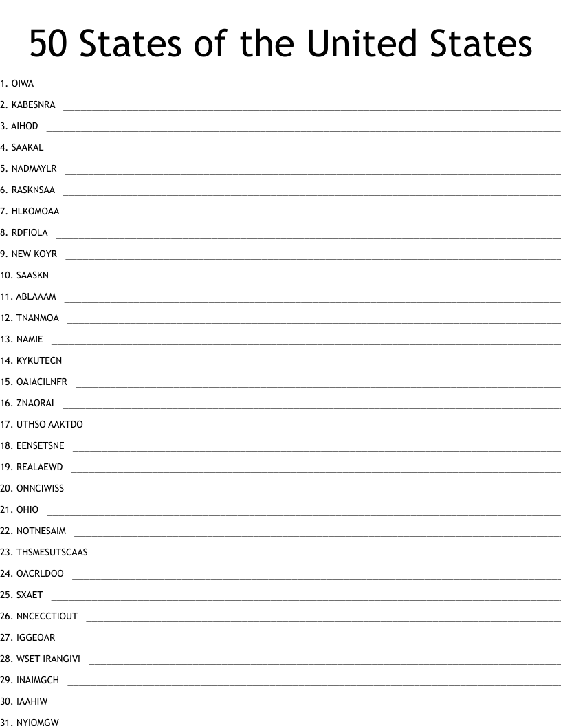 50 States Of The United States Word Scramble WordMint