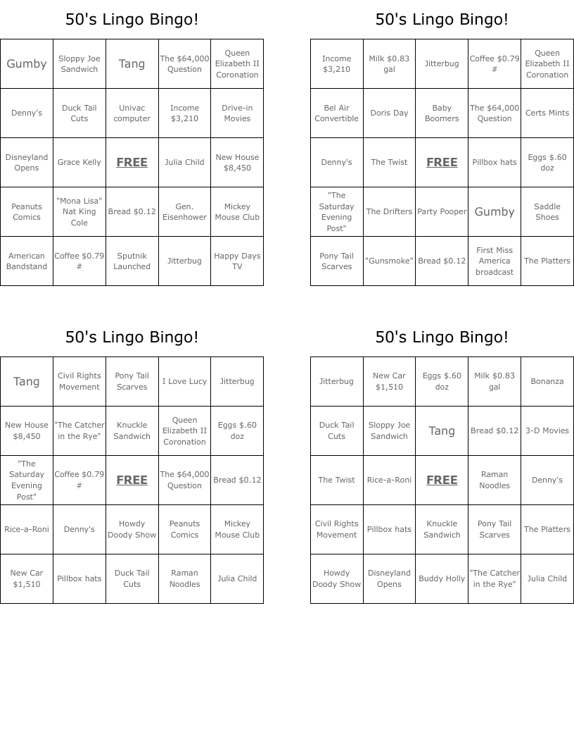 50's Lingo Bingo!