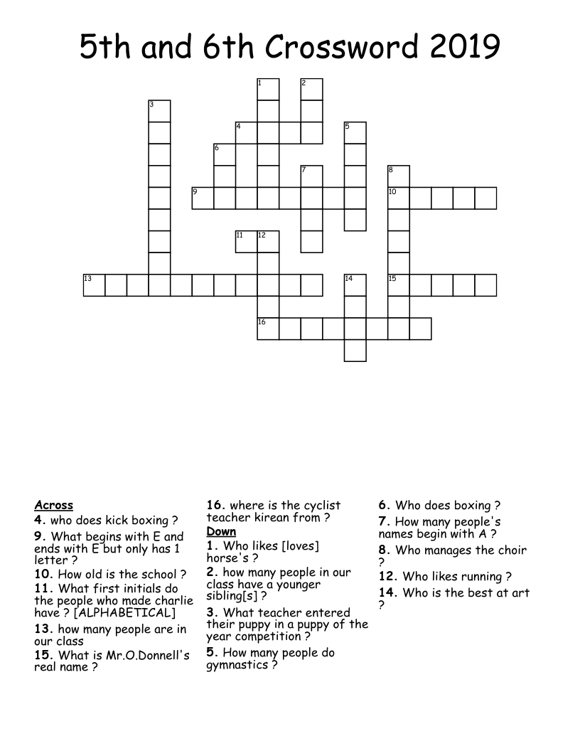 5th and 6th Crossword  2019   