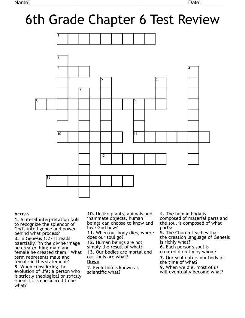 6th Grade Chapter 6 Test Review Crossword