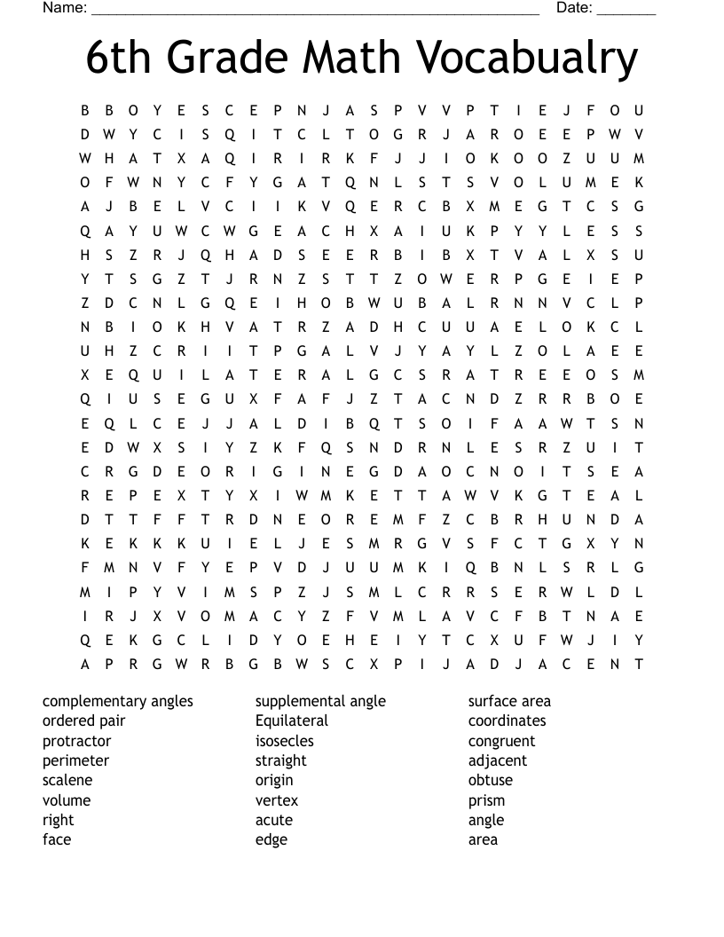 6th Grade Math Vocabualry Word Search WordMint