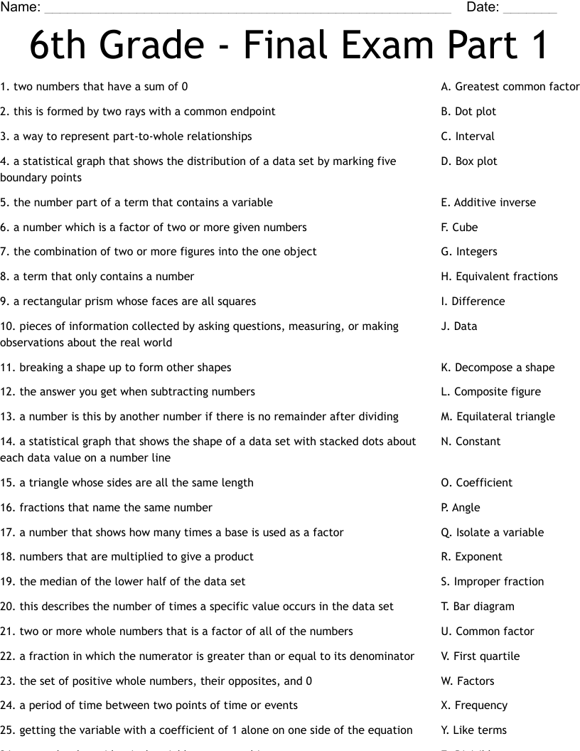 6th Grade - Final Exam Part 1 Worksheet