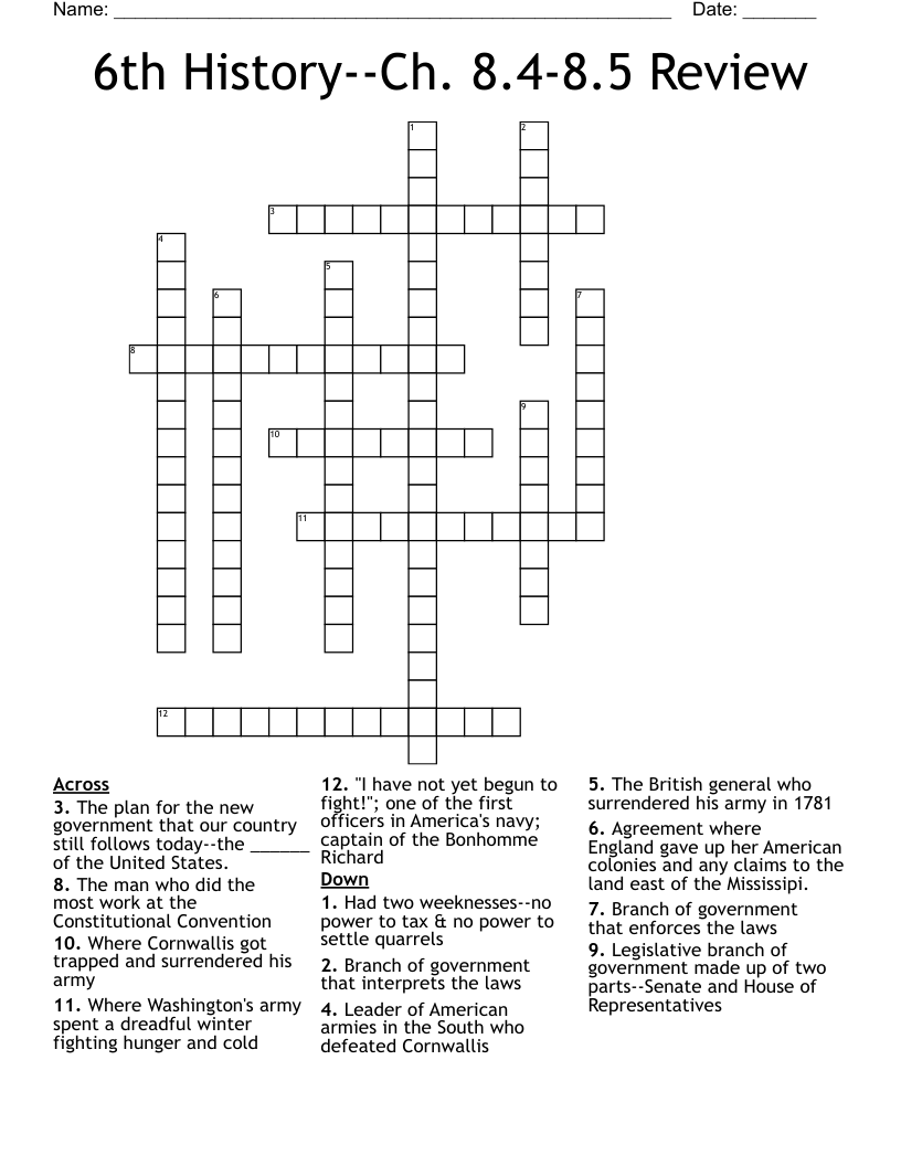 6th History--Ch. 8.4-8.5 Review Crossword