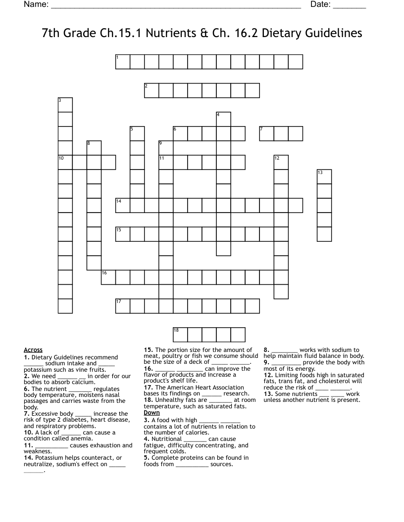 7th Grade Ch.15.1 Nutrients & Ch. 16.2 Dietary Guidelines Crossword