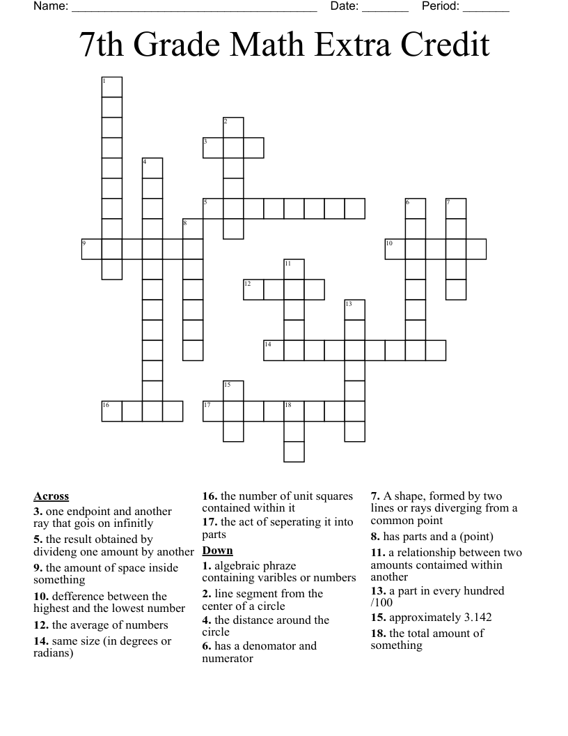 7th Grade Math Extra Credit Crossword WordMint