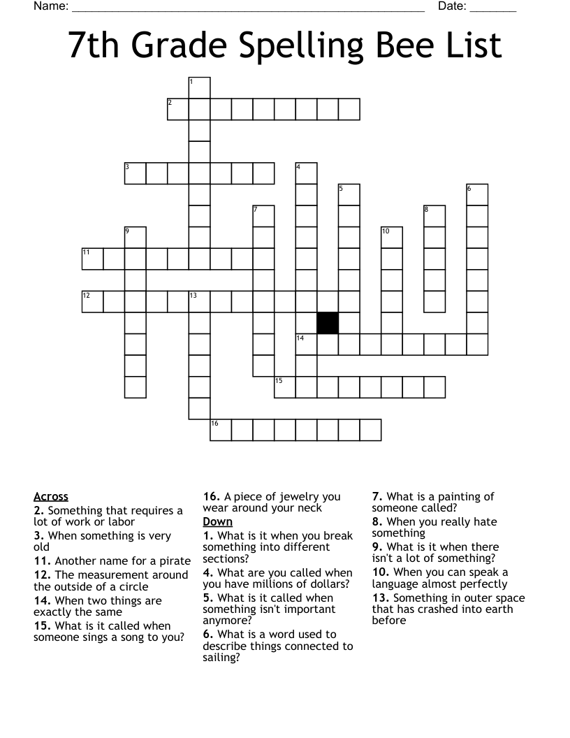7th Grade Spelling Bee List Crossword