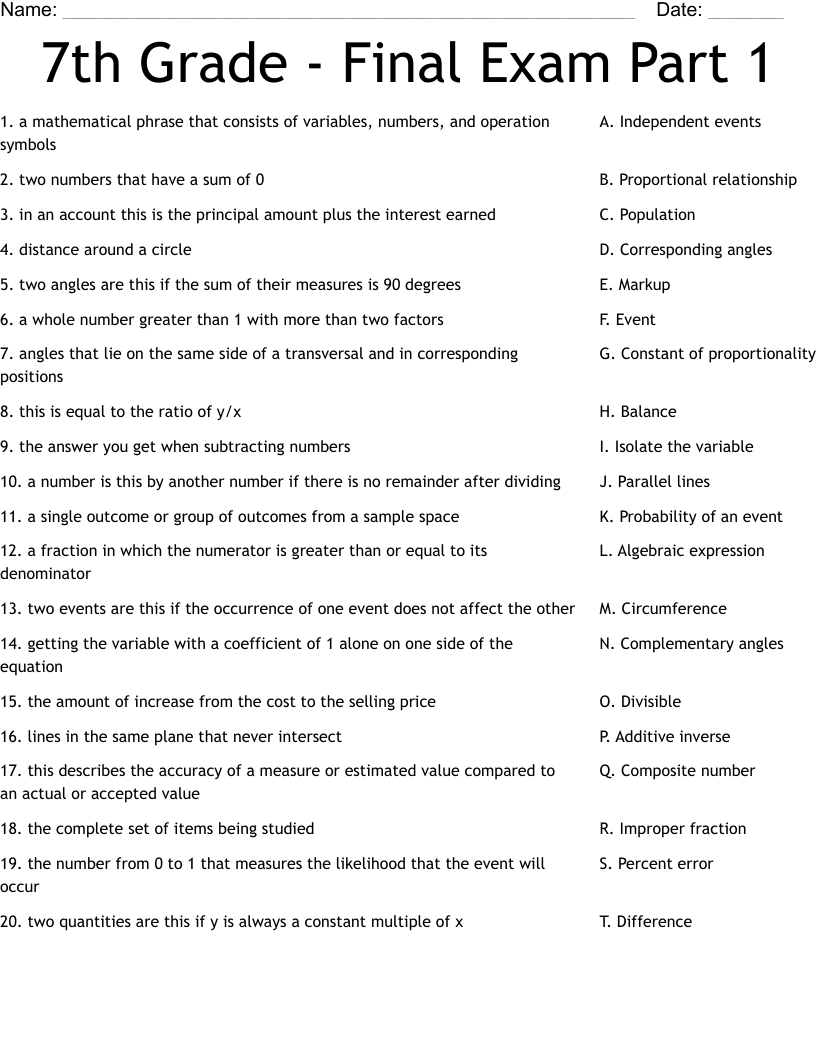 7th Grade Final Exam Part 1 Worksheet WordMint