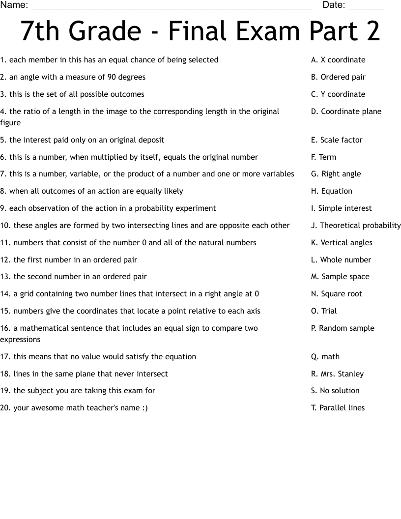 7th Grade Final Exam Part 2 Worksheet WordMint