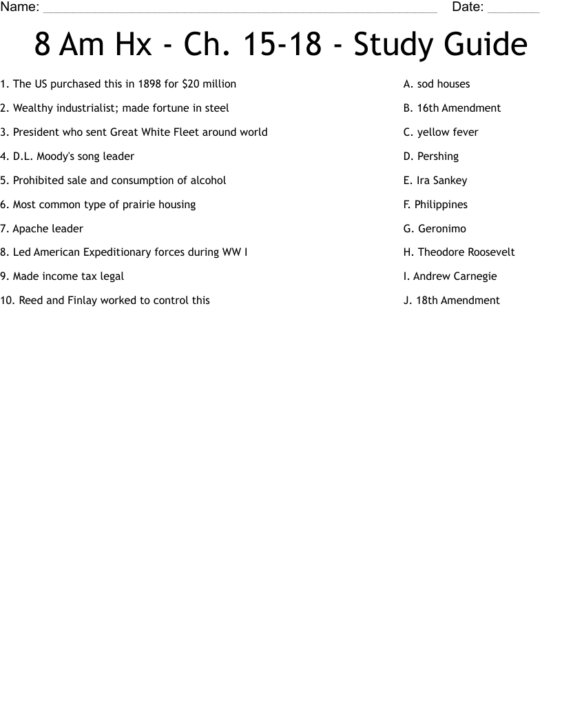 8 Am Hx - Ch. 15-18 - Study Guide  Worksheet