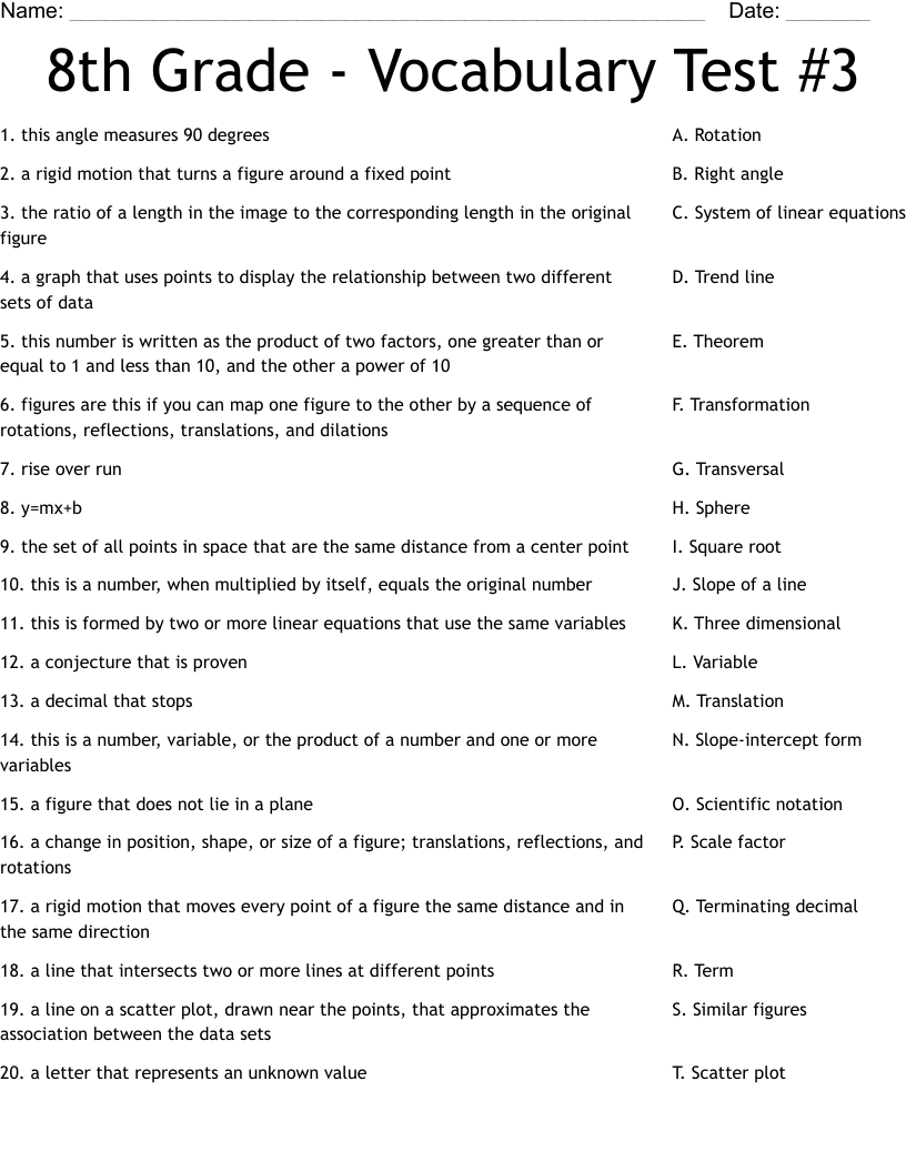 8th Grade - Vocabulary Test #3 Worksheet - WordMint