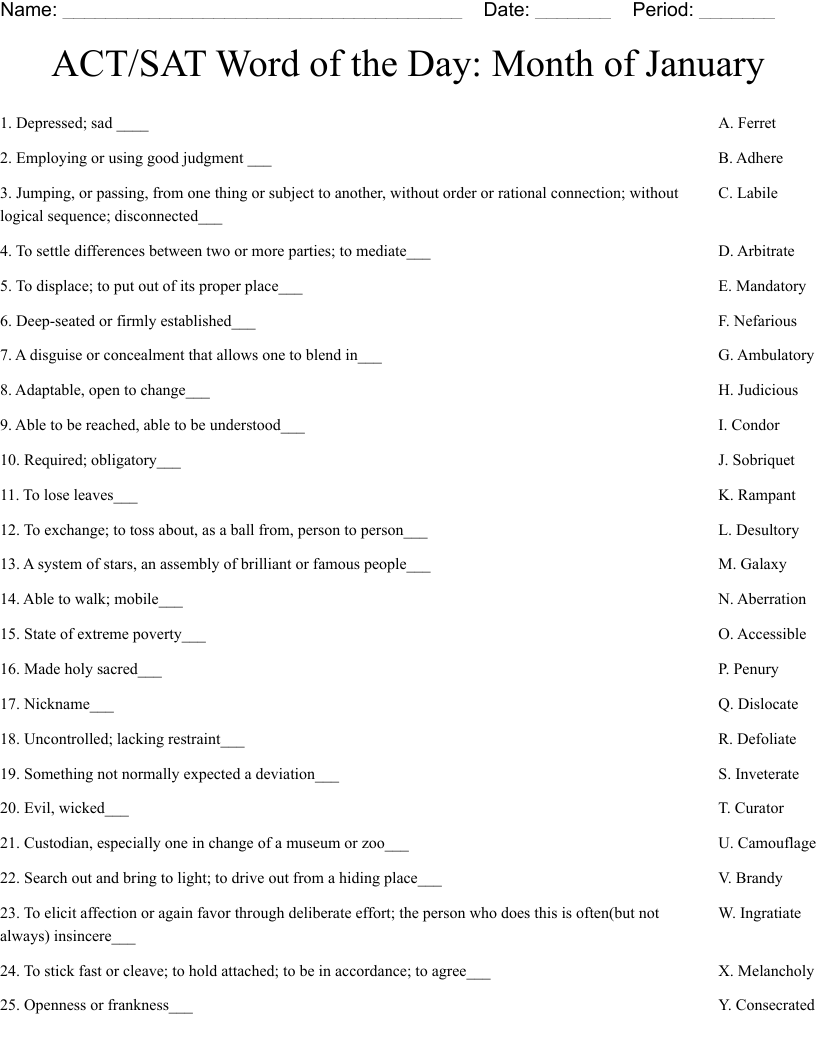 ACT/SAT Word of the Day: Month of  January 