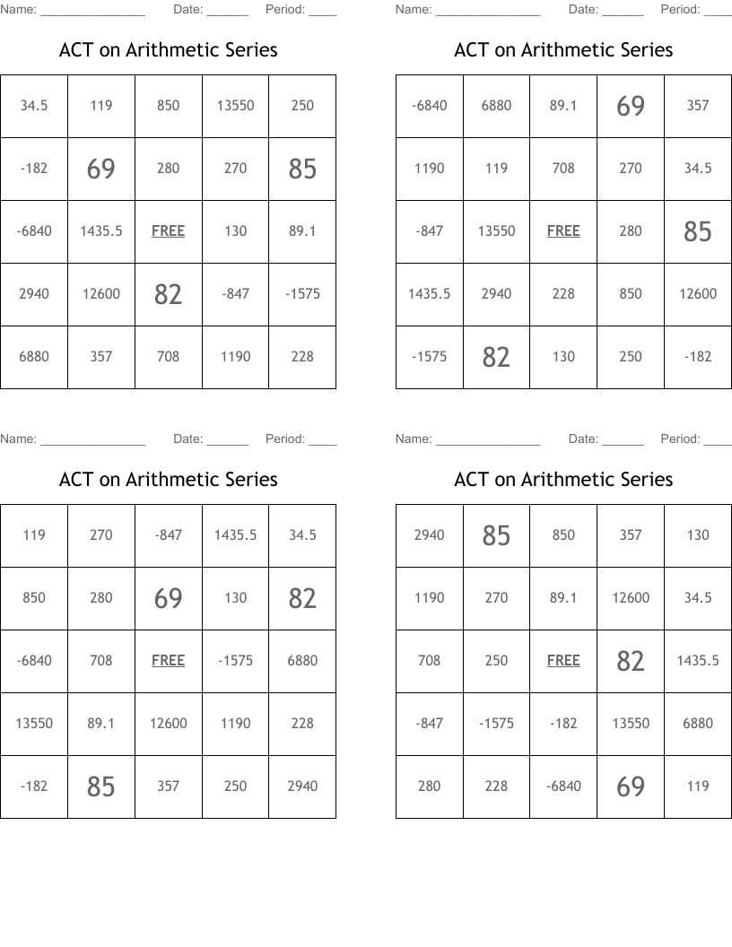 ACT on Arithmetic Series Bingo Cards