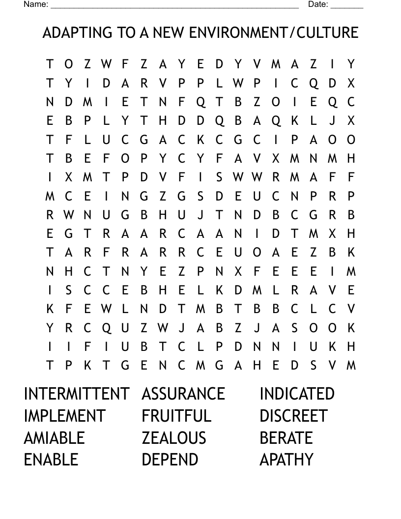 ADAPTING TO A NEW ENVIRONMENT/CULTURE Word Search
