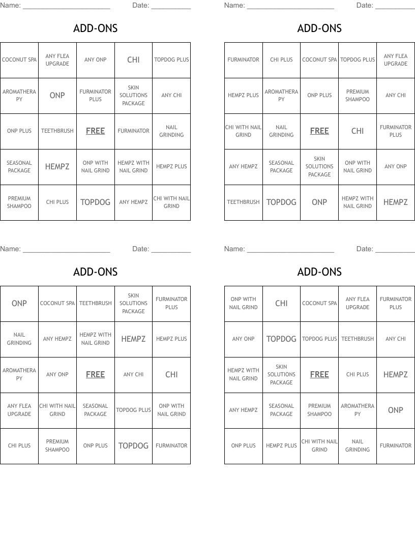 ADD-ONS Bingo Cards