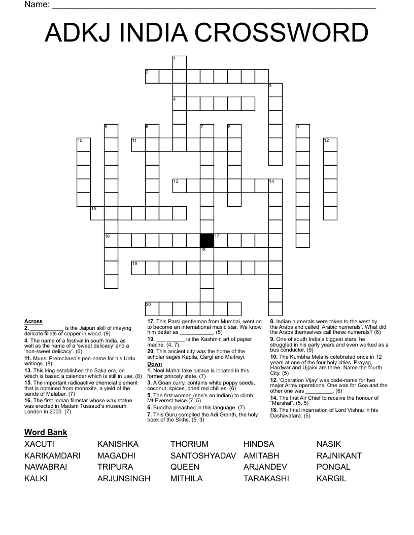 ADKJ INDIA CROSSWORD