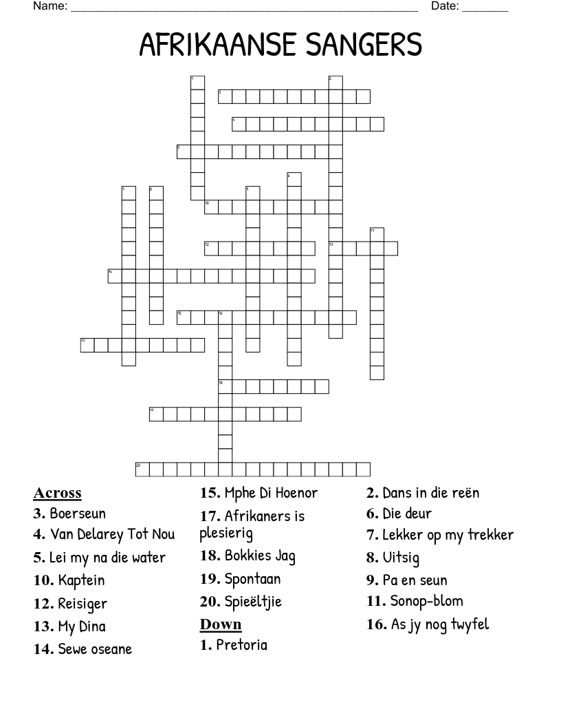 AFRIKAANSE SANGERS Crossword