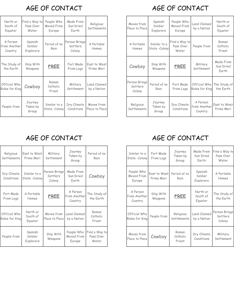 AGE OF CONTACT Bingo Cards