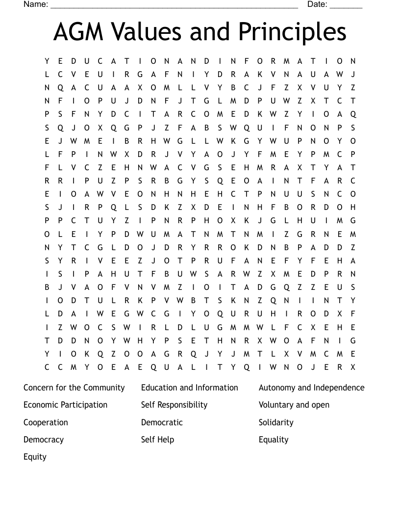 AGM Values and Principles Word Search