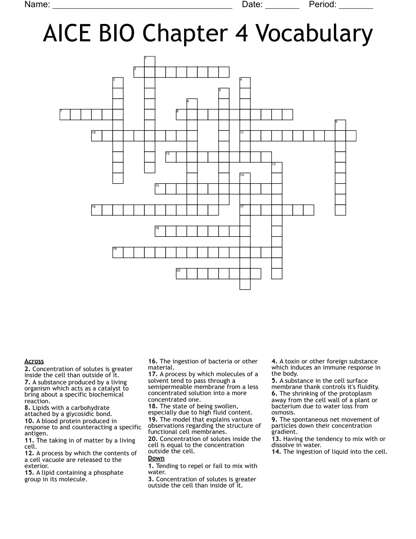 AICE BIO Chapter 4 Vocabulary Crossword