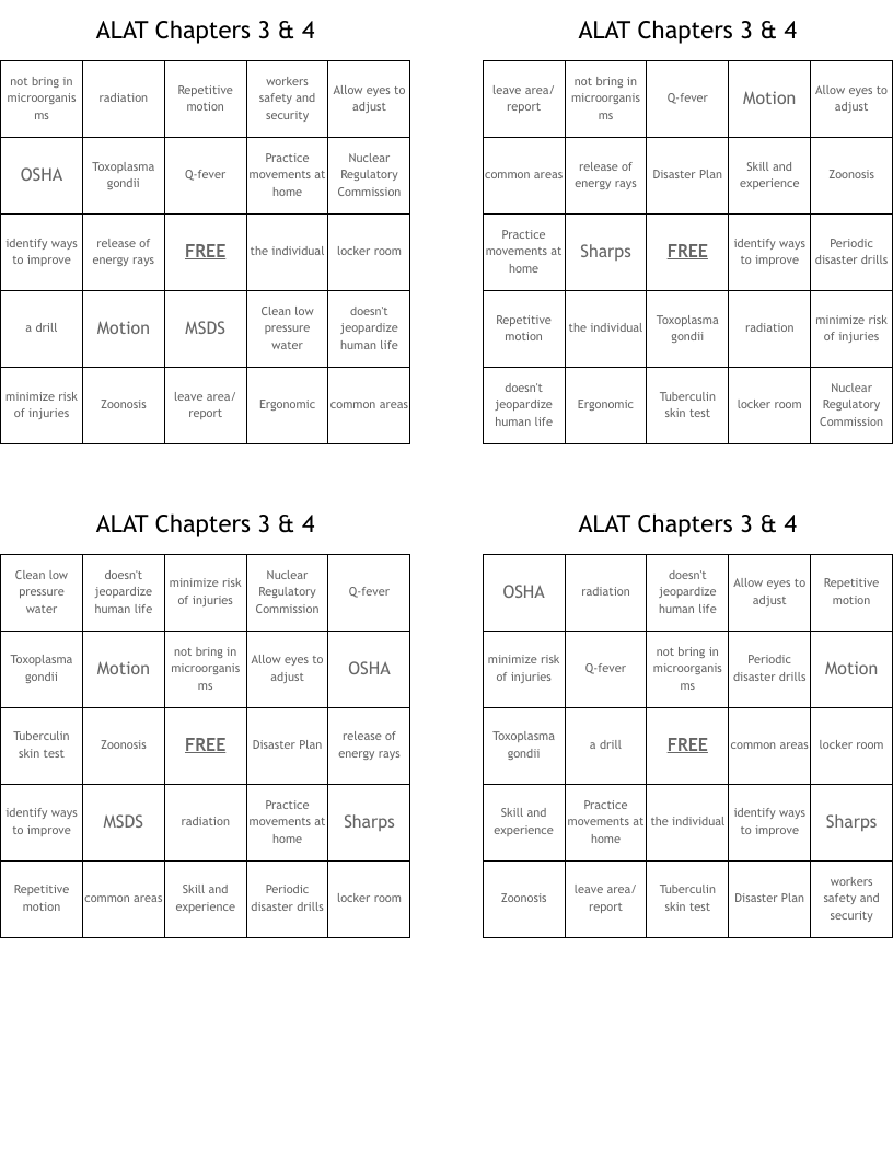 ALAT Chapters 3 & 4 Bingo Cards