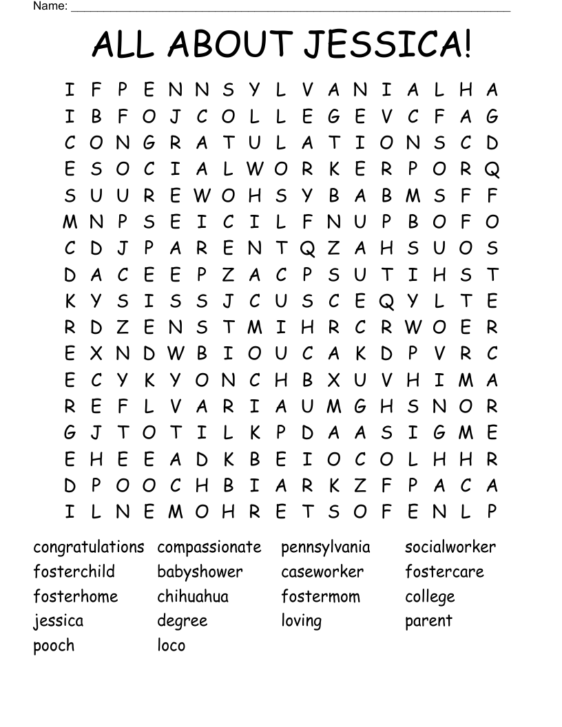 ALL ABOUT JESSICA! Word Search