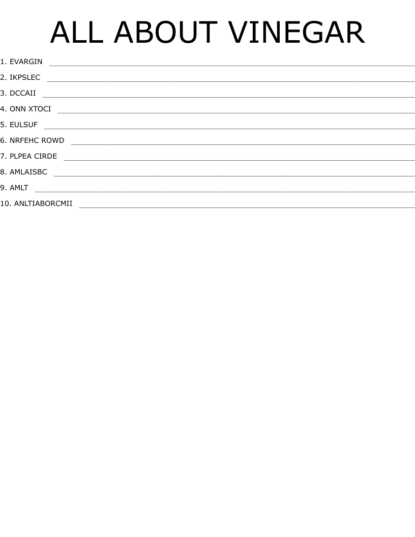 ALL ABOUT VINEGAR Word Scramble WordMint