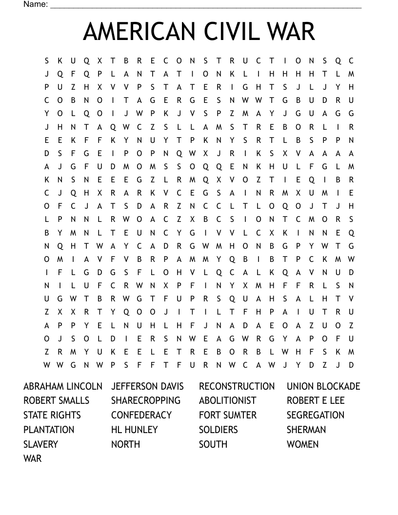 AMERICAN CIVIL WAR Word Search WordMint