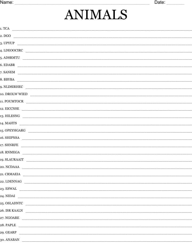 ANIMALS Word Scramble
