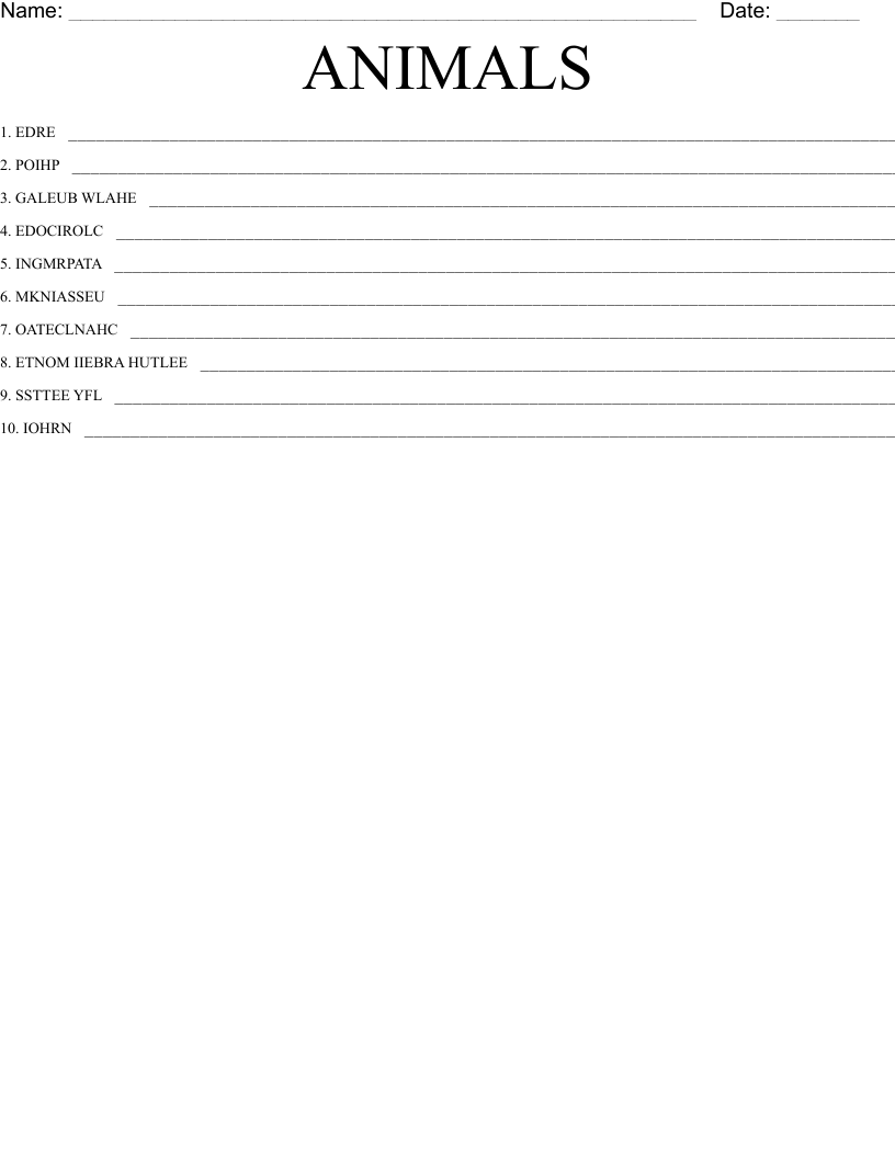 ANIMALS Word Scramble