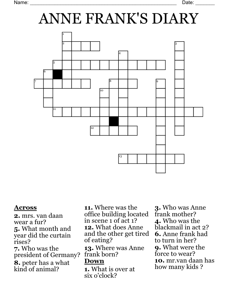 ANNE FRANK S DIARY Crossword WordMint