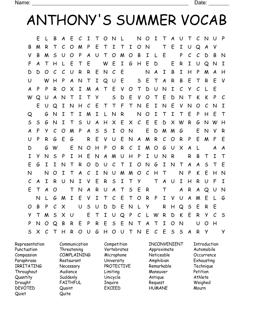 ANTHONY'S SUMMER VOCAB Word Search