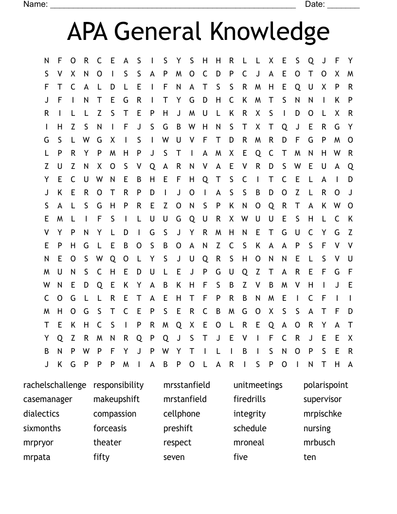 APA General Knowledge Word Search - WordMint