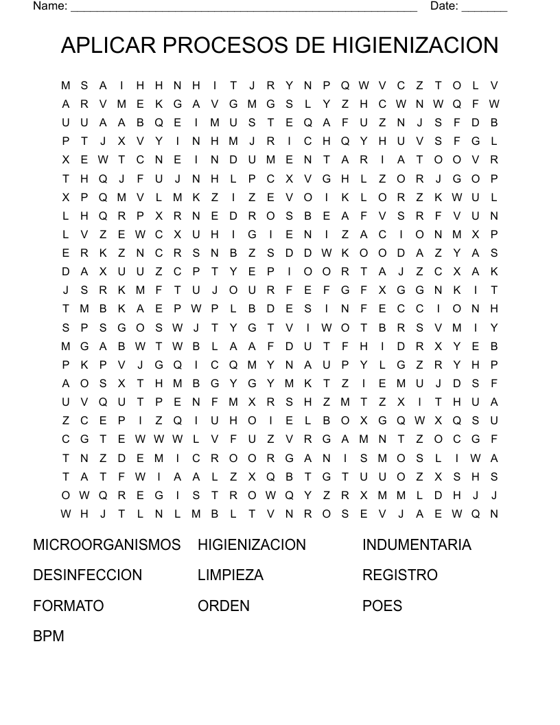 APLICAR PROCESOS DE HIGIENIZACION  Word Search
