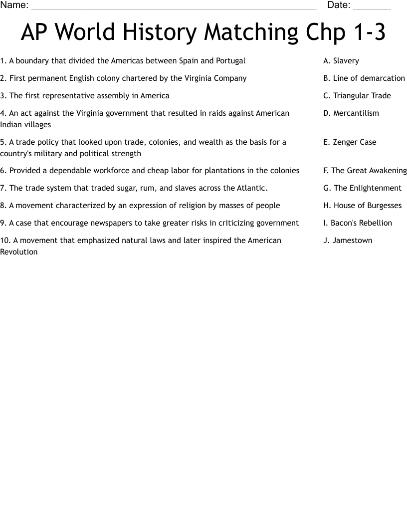 AP World History Matching Chp 13 Worksheet WordMint