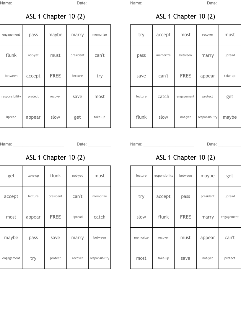 ASL 1 Chapter 10 (2) Bingo Cards