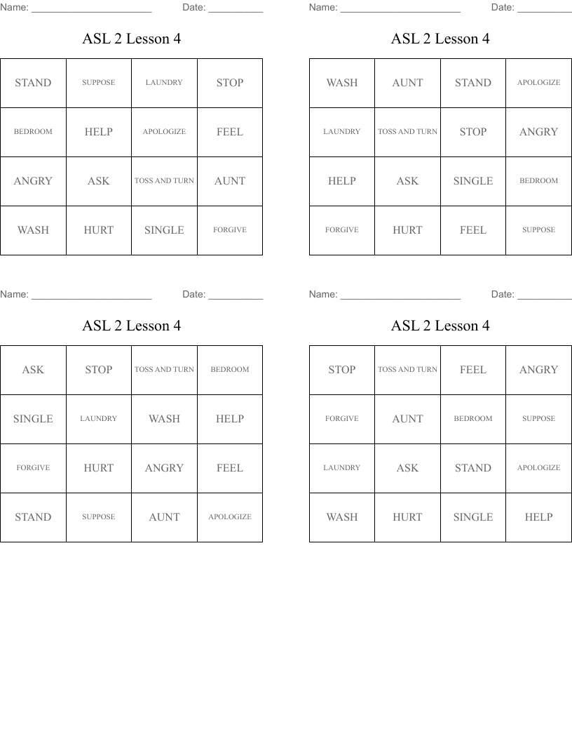 ASL 2 Lesson 4 Bingo Cards