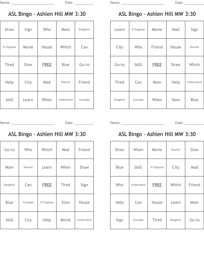 ASL Bingo - Ashlen Hill MW 3:30