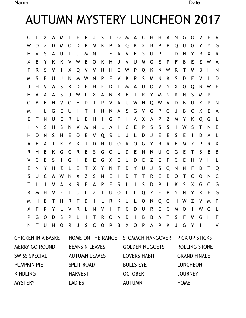 AUTUMN MYSTERY LUNCHEON 2017 Word Search