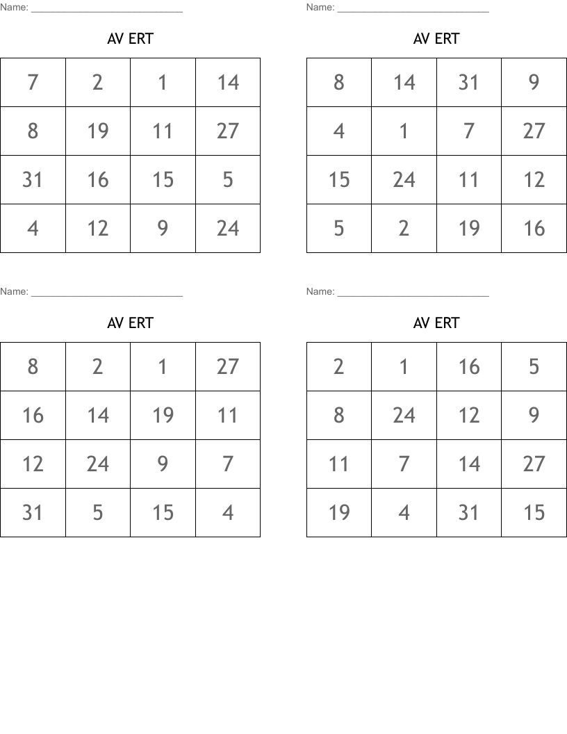 AV ERT Bingo Cards