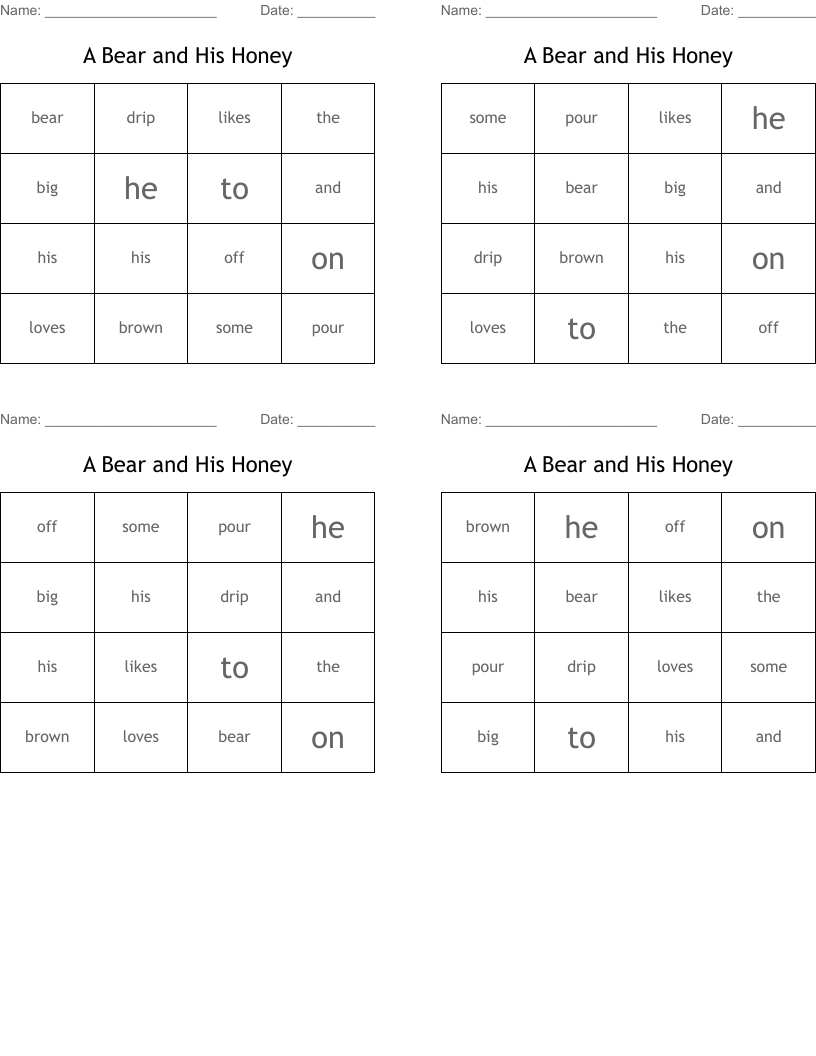 A Bear and His Honey Bingo Cards