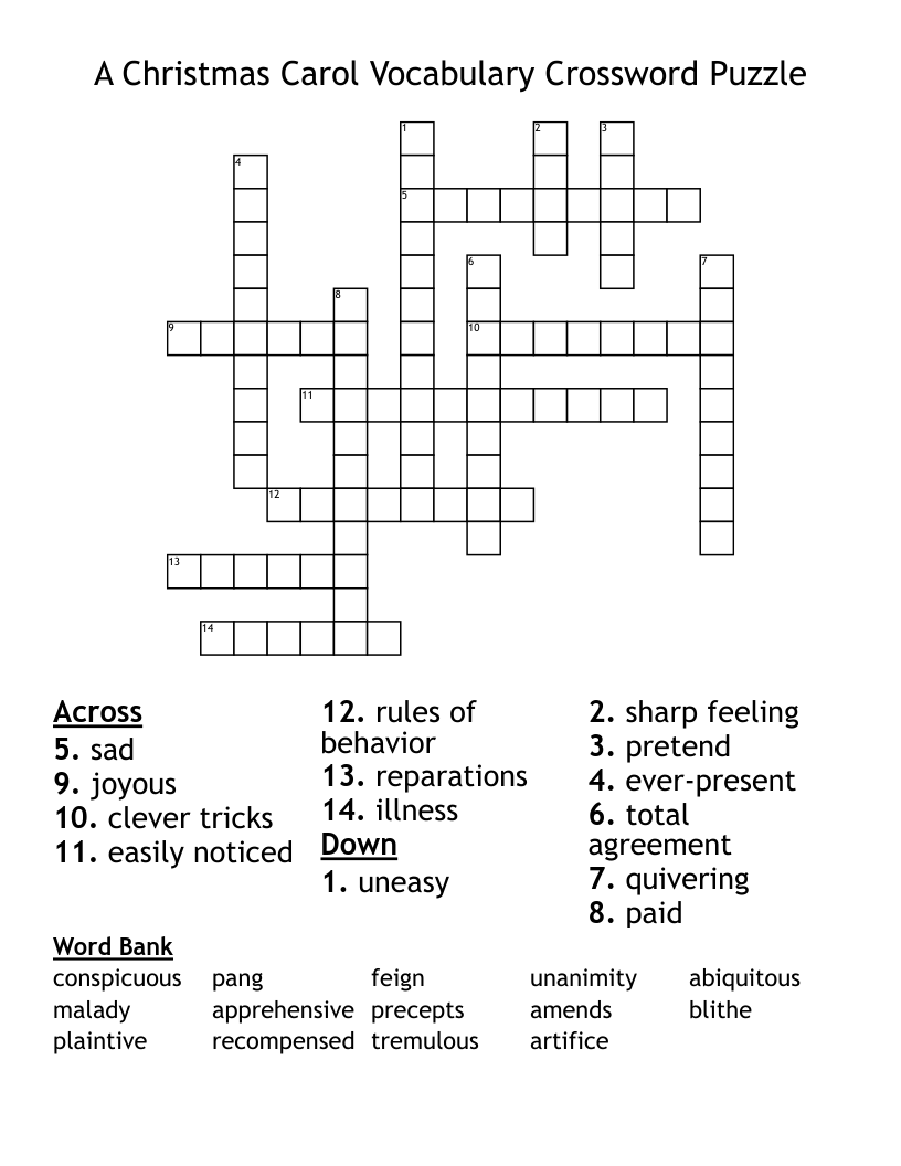 A Christmas Carol Vocabulary Crossword Puzzle WordMint